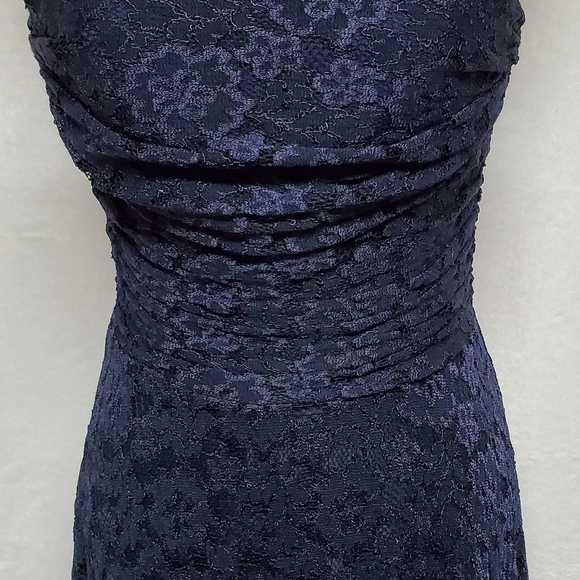 VINTAGE Eliza J Navy Blue Lace A-line Spaghetti Strap Padded Bustier Midi Dress - Picture 6 of 16